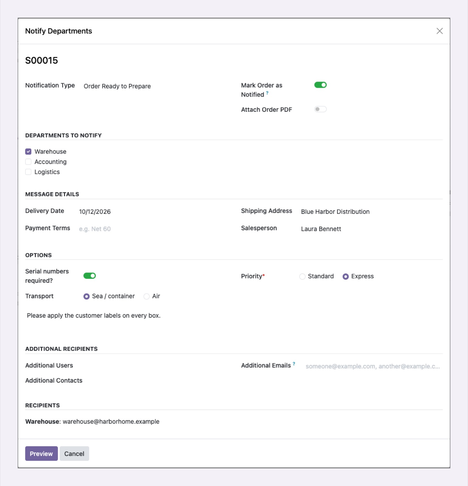 Asistente para notificar departamentos con tipo de aviso, departamentos, datos del pedido y opciones
