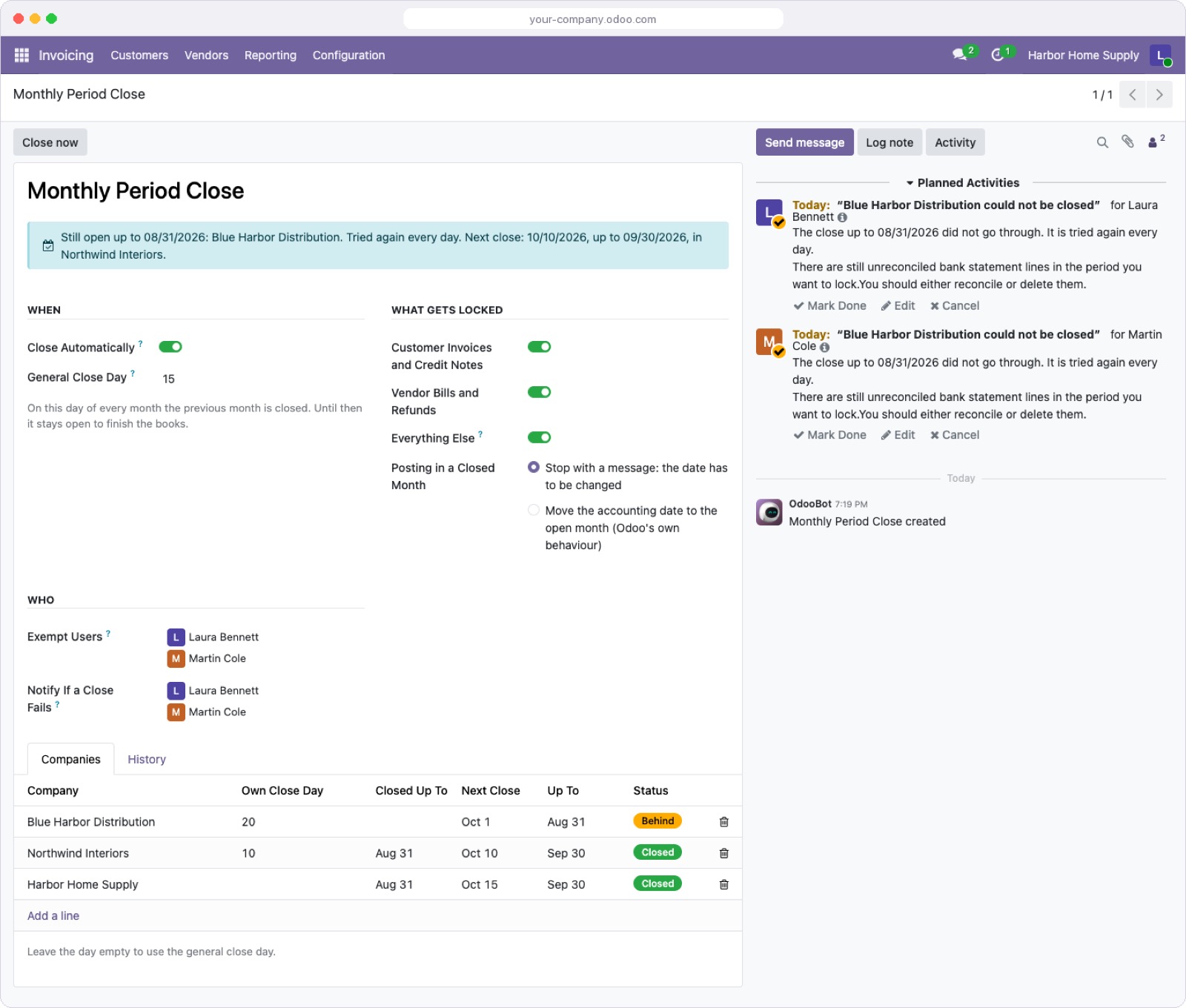 Monthly close settings: close day, what gets locked, exempt users and status per company