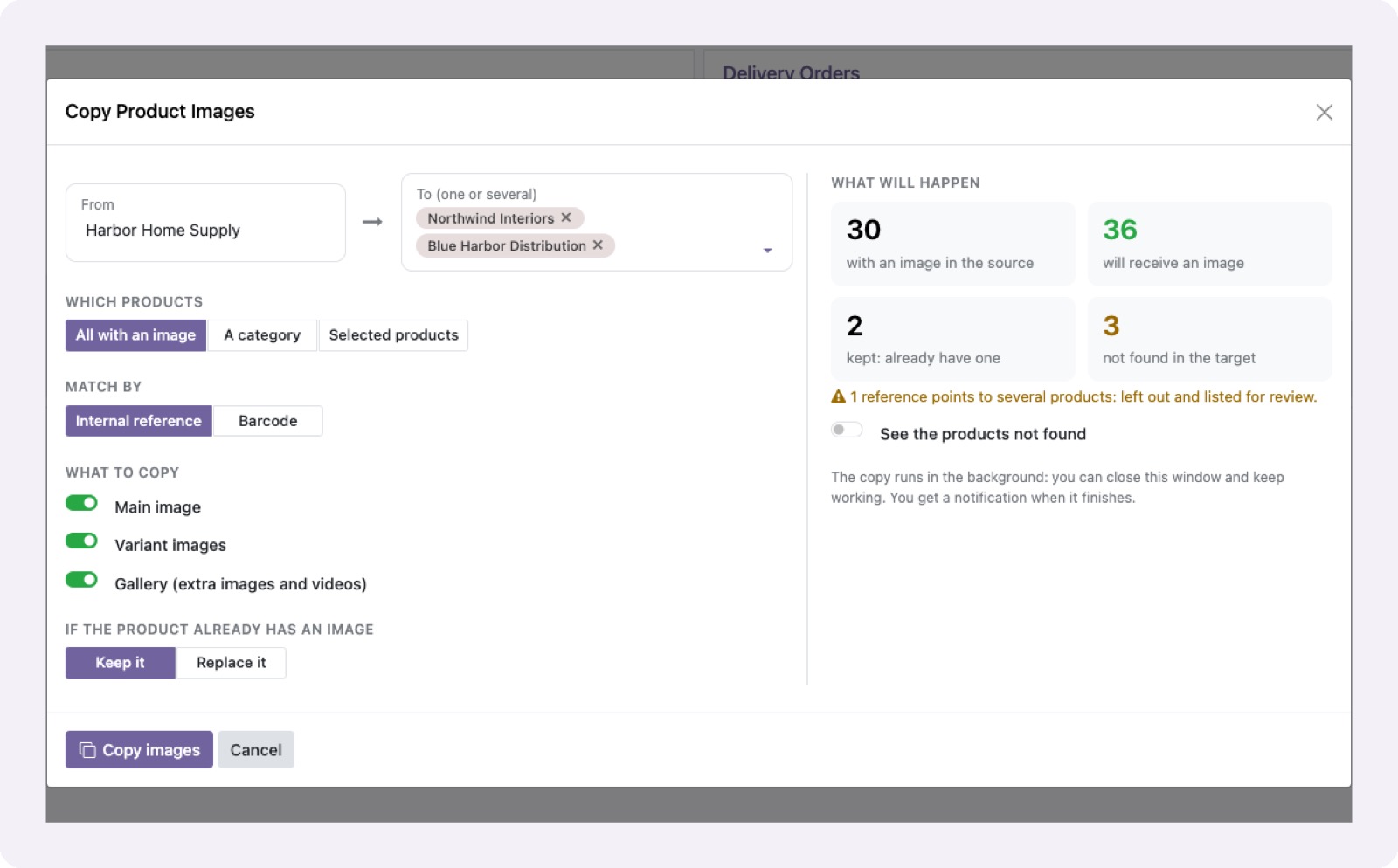 Copy Product Images wizard with source company, target companies, what to copy and a preview of the outcome