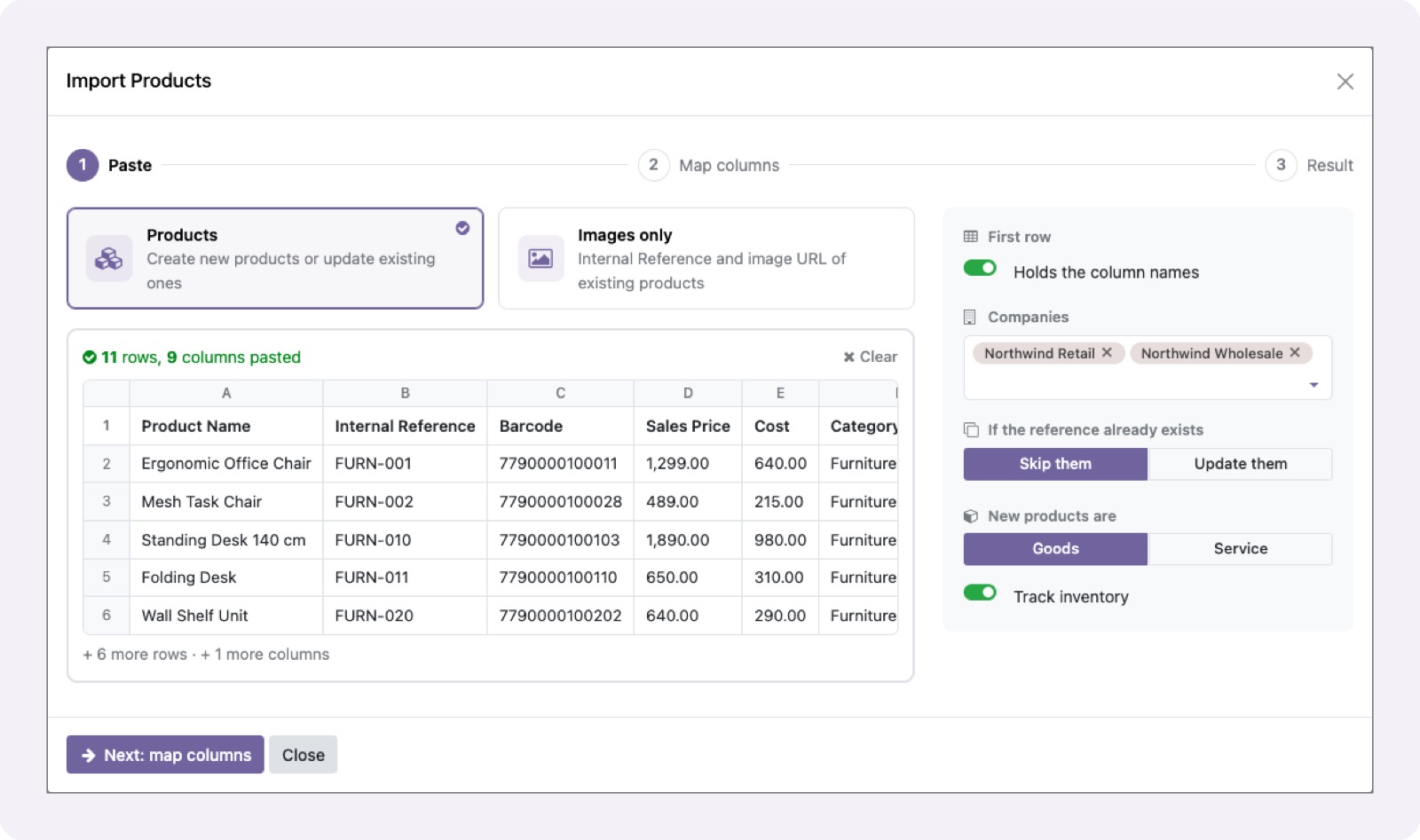 Step 1: products pasted from a spreadsheet, with target companies and options on the right