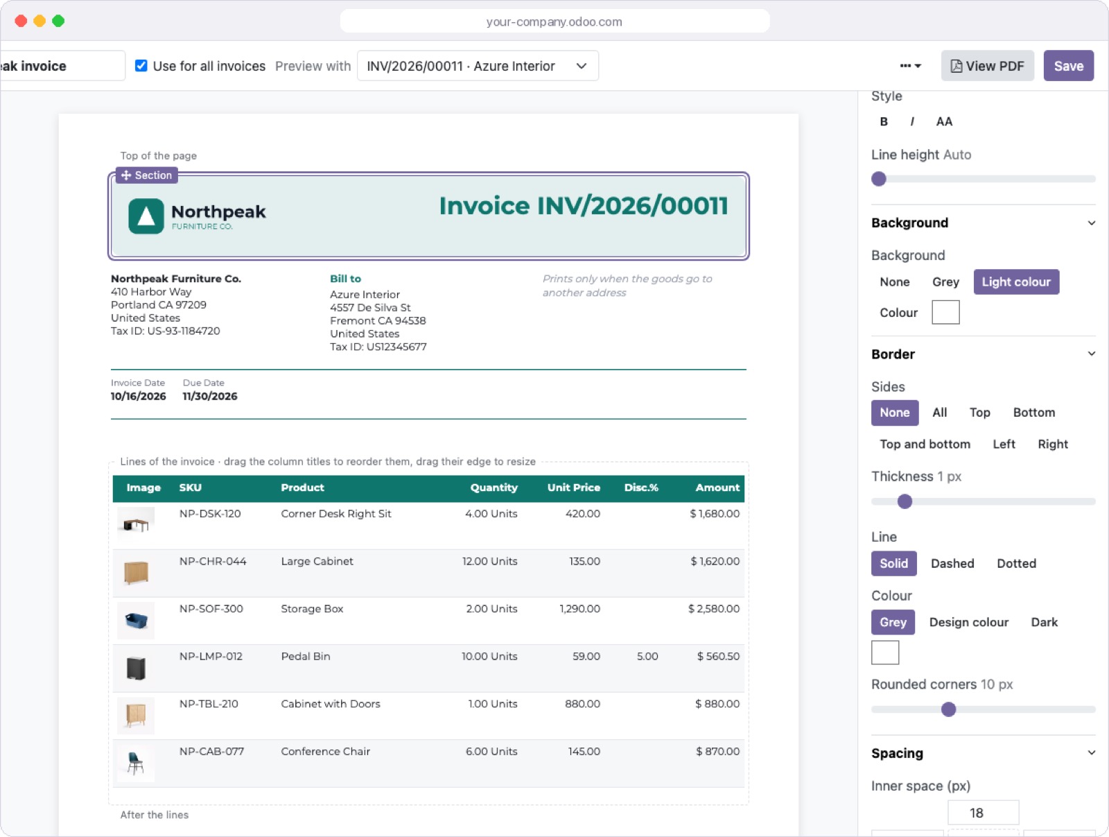 Document editor with an invoice preview and the style panel of the selected section