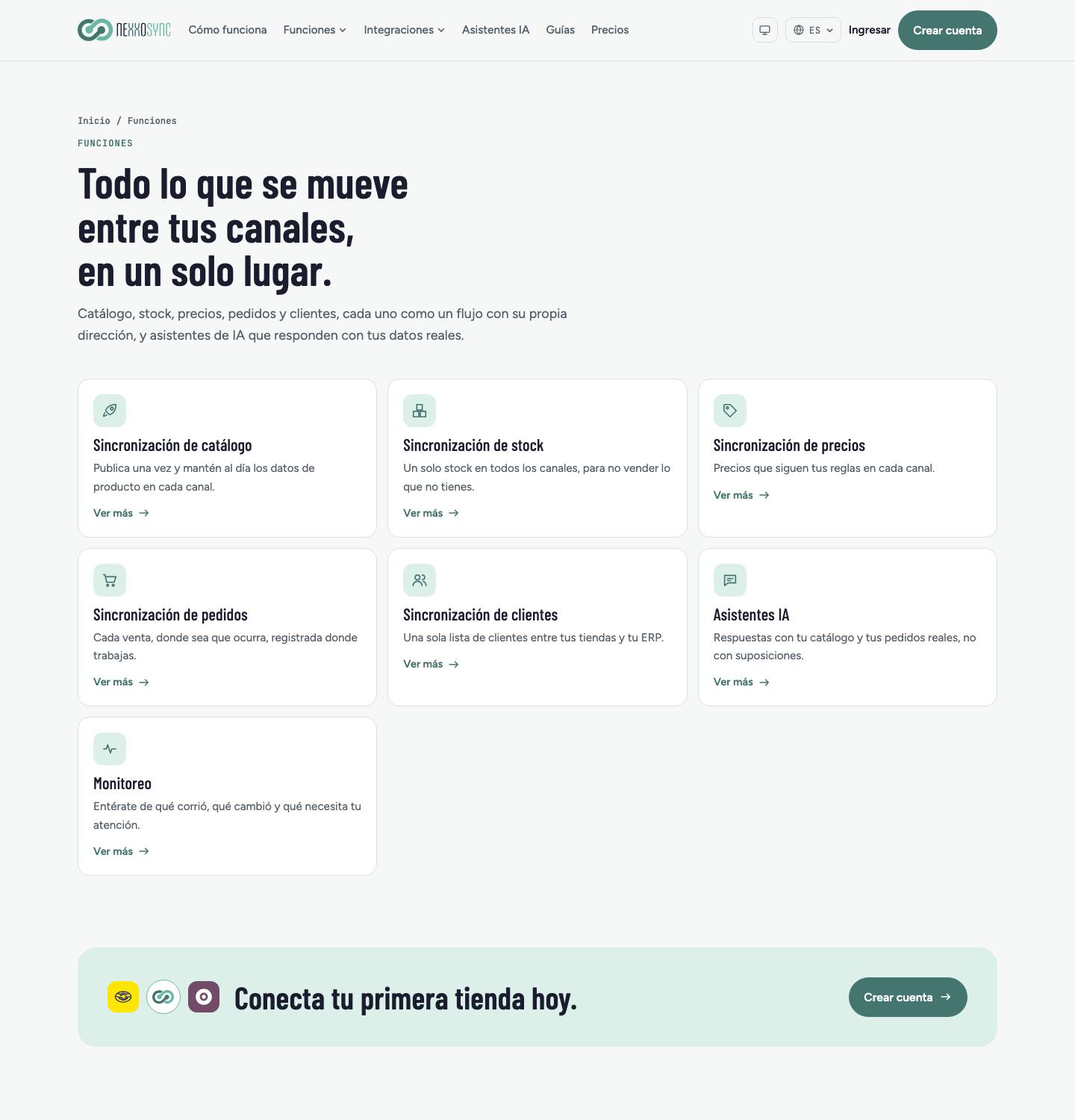 Funções do NexxoSync: catálogo, estoque, preços, pedidos, clientes, assistentes de IA e monitoramento