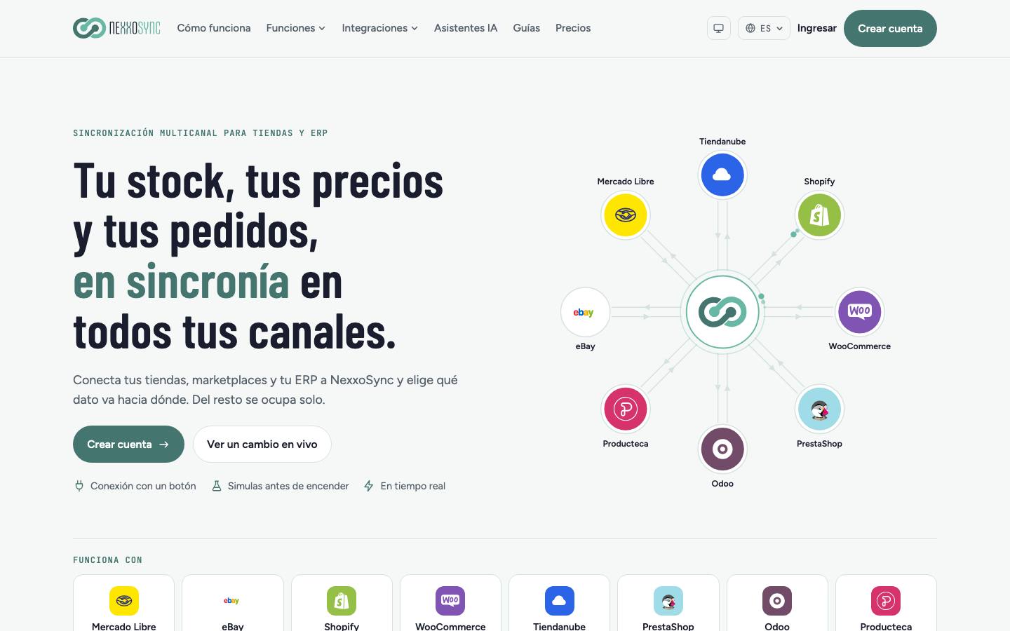 NexxoSync home page with connected channels around the hub