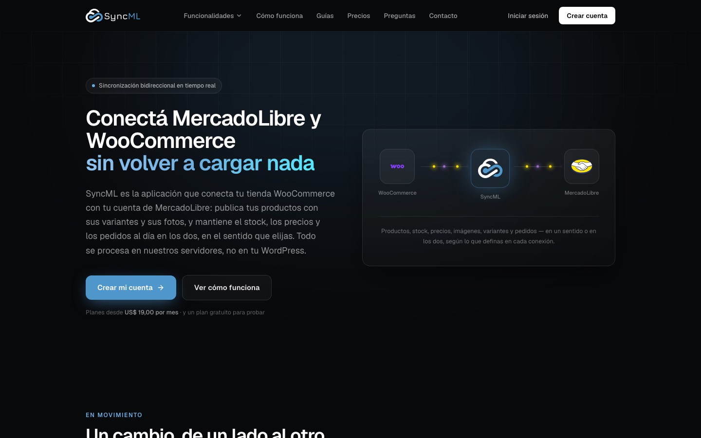 Sincrion home page: WooCommerce connected to MercadoLibre